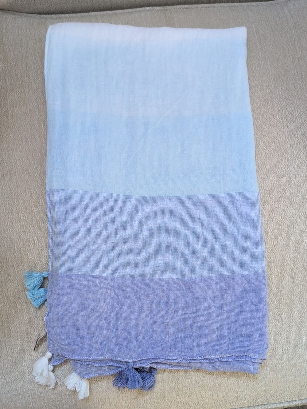 Talbots Ombre Blue Tassel Scarf Wrap Oblong Linen Blend Coastal
